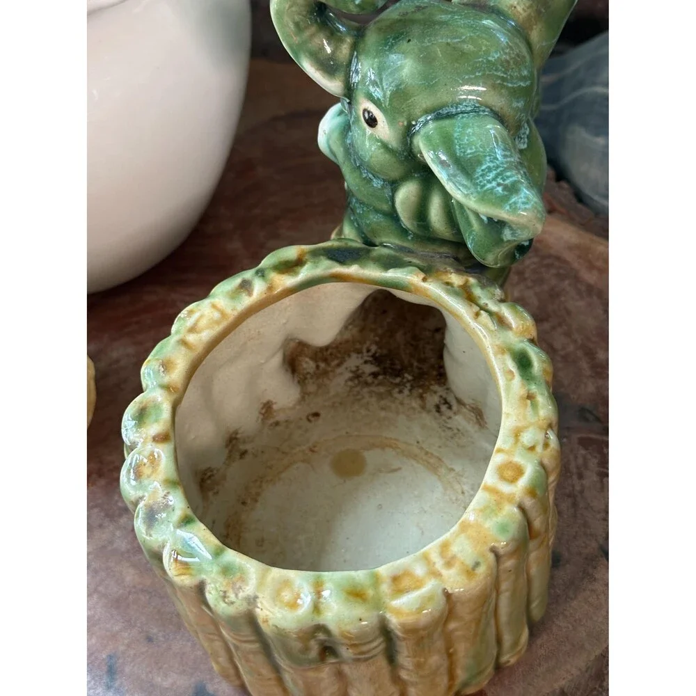 Vintage Ceramic Elephant Planter | Green Glazed Elephant & Bamboo Pot | Boho Jun